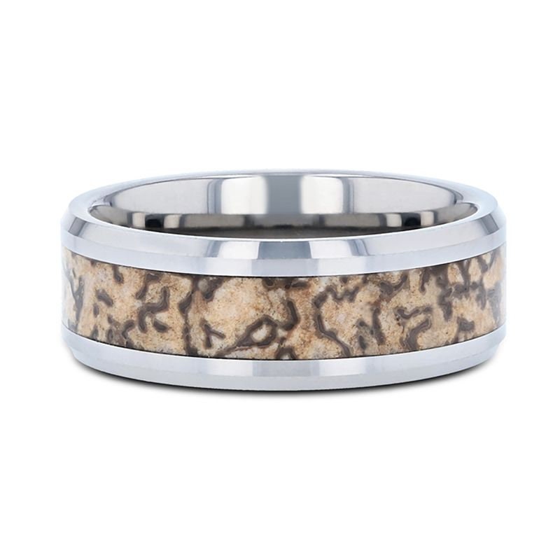 ORDOVICIAN Dinosaur Bone Inlaid Tungsten Carbide Beveled Edged Ring - 4mm Rings, Wedding and Promise Rings.