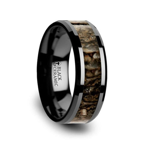 SILURIAN Dinosaur Bone Inlaid Black Ceramic Beveled Edged Ring - 4mm or 8mm Rings, Wedding and Promise Rings.