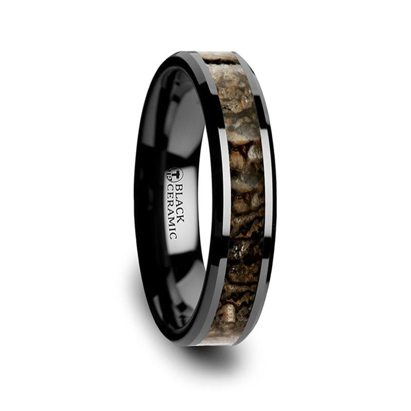 SILURIAN Dinosaur Bone Inlaid Black Ceramic Beveled Edged Ring - 4mm or 8mm Rings, Wedding and Promise Rings.