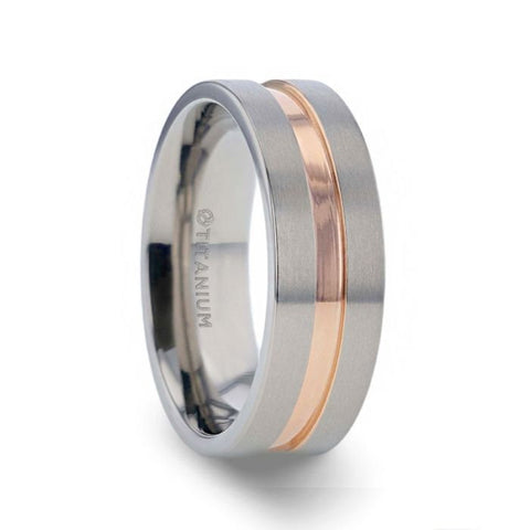 MARS Titanium Flat Brushed Finished Men's Wedding Ring With Rose Gold Plated Groove Center - 8mm Rings, Wedding and Promise Rings.