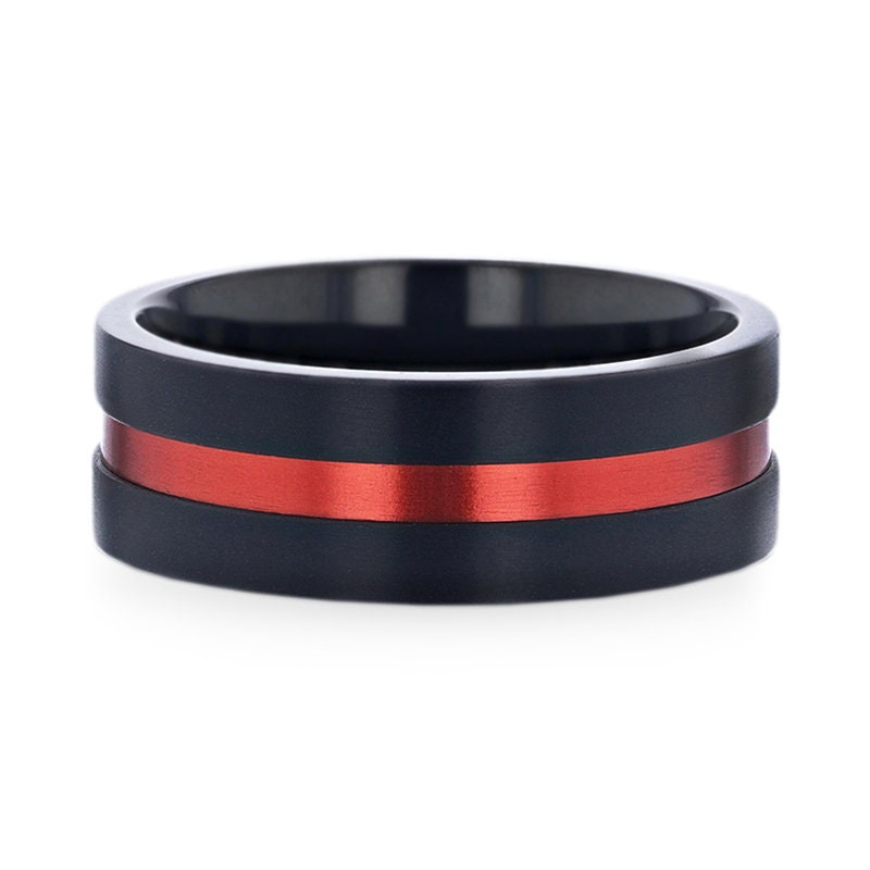 BLAZE Flat Brushed Black Titanium Men's Wedding Band With Red Aluminum Groove Brushed Center - 8mm Rings, Wedding & Promise Ring