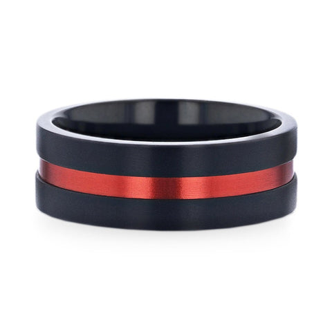 BLAZE Flat Brushed Black Titanium Men's Wedding Band With Red Aluminum Groove Brushed Center - 8mm Rings, Wedding & Promise Ring