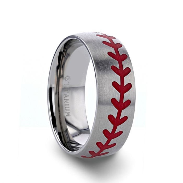 DIMAGGIO Titanium Brushed Finish Ring with Red Baseball Stitching Pattern - 8mm Rings, Wedding & Promise Ring