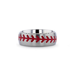 DIMAGGIO Titanium Brushed Finish Ring with Red Baseball Stitching Pattern - 8mm Rings, Wedding & Promise Ring