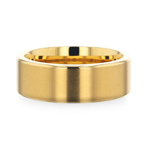 AURELIANO Yellow Gold Plating Titanium Men's Wedding Band With Flat Brushed Finish Center And Rounded Polished Edges - 8mm Rings.