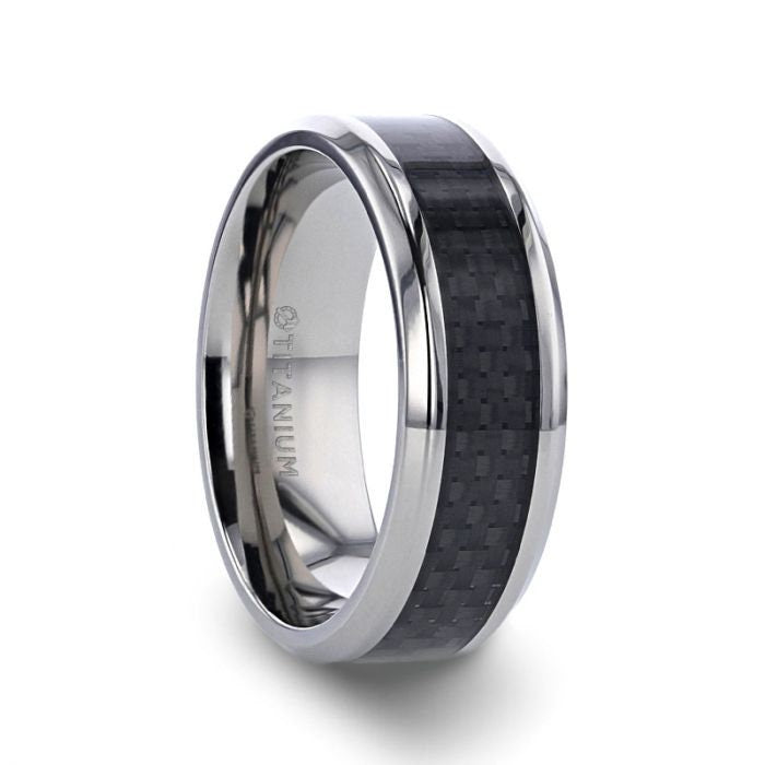 COLOSSEUM Black Carbon Fiber Inlay Titanium Wedding Band - 8 mm Rings, Wedding and Promise Rings.