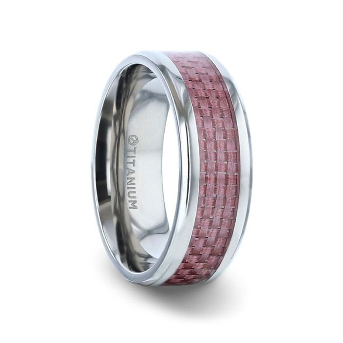 DOMINIQUE Pink Carbon Fiber Inlaid Titanium Flat Polished Finish Men's Wedding Ring With Beveled Edges - 8mm Rings, Wedding & Promise Rings.