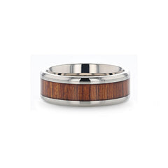 KOAN Titanium Polished Finish Koa Wood Inlaid Mens Wedding Ring with Beveled Edges - 6mm and 8mm Rings, Wedding & Promise Rings.