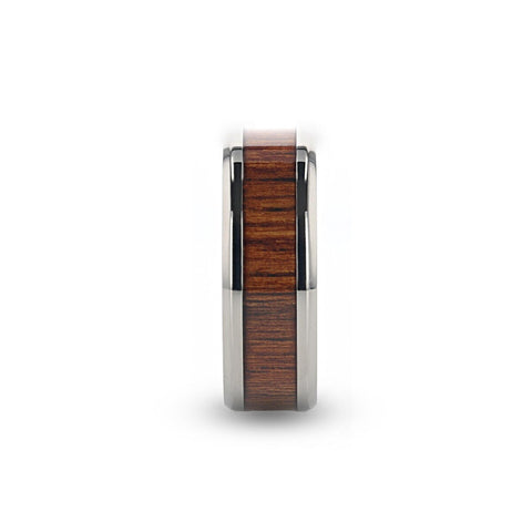 KOAN Titanium Polished Finish Koa Wood Inlaid Mens Wedding Ring with Beveled Edges - 6mm and 8mm Rings, Wedding & Promise Rings.