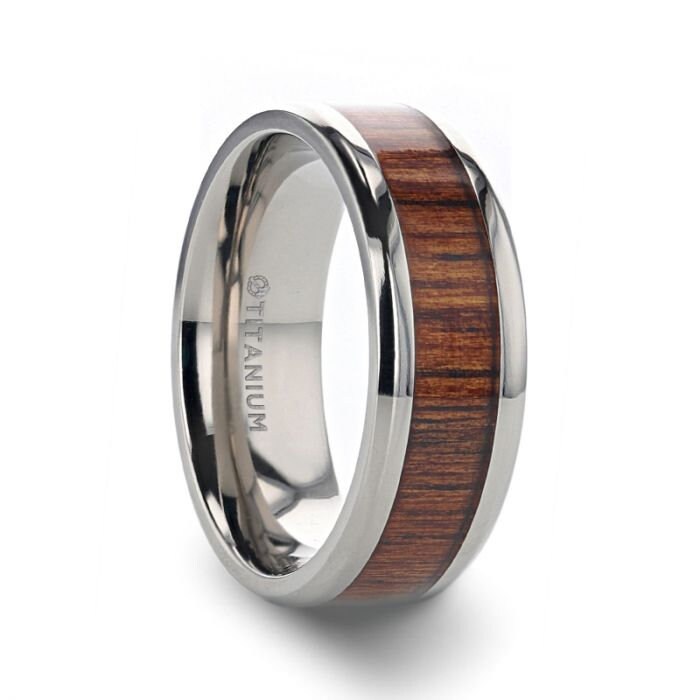 KOAN Titanium Polished Finish Koa Wood Inlaid Mens Wedding Ring with Beveled Edges - 6mm and 8mm Rings, Wedding & Promise Rings.