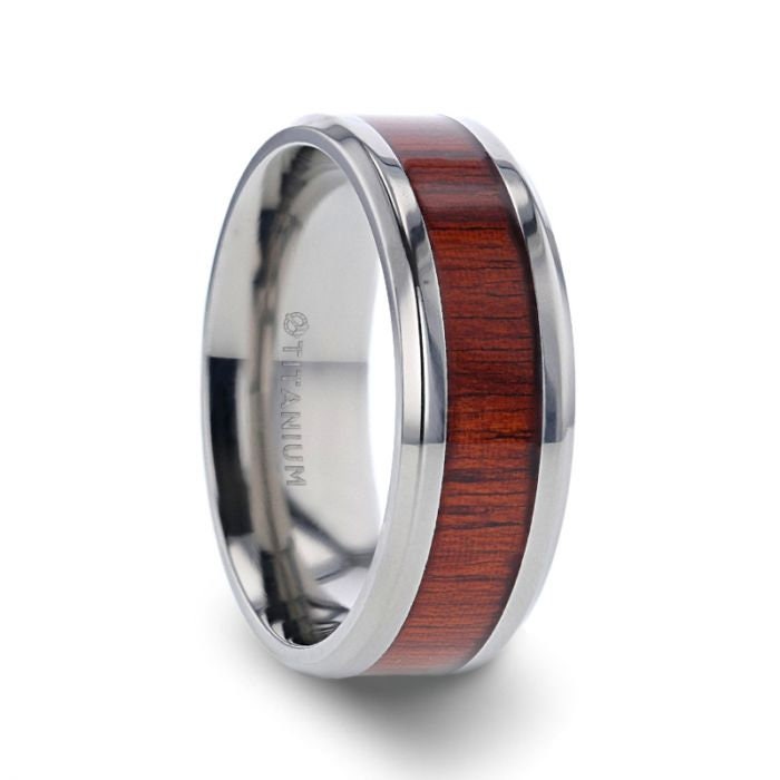 NORRO Titanium Polished Beveled Edges Padauk Wood Inlaid Mens Wedding Band - 6mm and 8mm Rings.