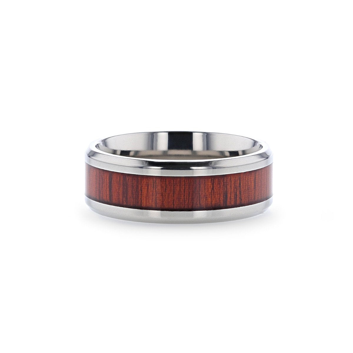 NORRO Titanium Polished Beveled Edges Padauk Wood Inlaid Mens Wedding Band - 6mm and 8mm Rings.