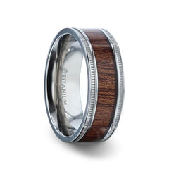 MOCHA Koa Wood Inlaid Titanium Men's Wedding Ring With Polished Milgrain Edges - 8mm Rings.