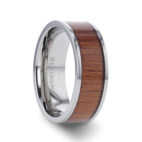 HONUA Flat Titanium Wedding Band with Rare Koa Wood Inlay and Polished Edges - 8 mm Rings.