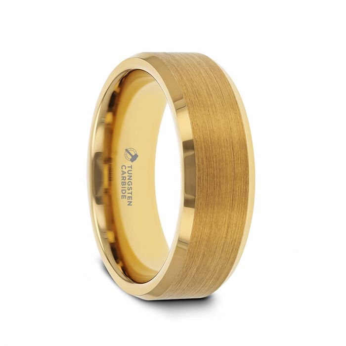 HONOR Gold-Plated Tungsten Beveled Polished Edges Flat Ring with Brushed Center - 6mm & 8mm, Promise Rings for Men and Women.