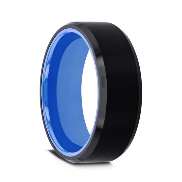 RIGEL Flat Beveled Edges Black Tungsten Ring with Brushed Center and Vibrant Blue Inside - 6mm & 8mm, Men's Wedding Ring, Promise Ring.