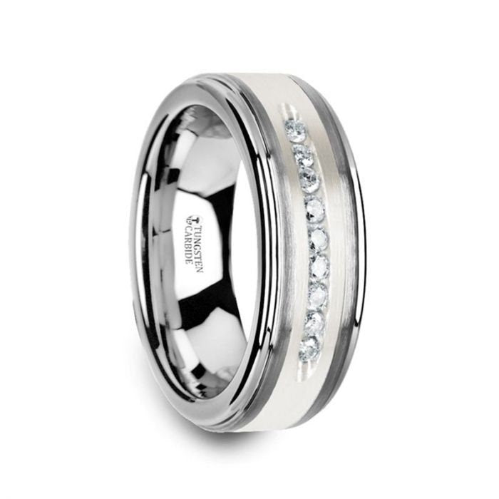 HARPER Tungsten Wedding Band with Raised Center & Brushed Silver Inlay and 9 Channel Set White Diamonds - 8mm, Men's Wedding Ring