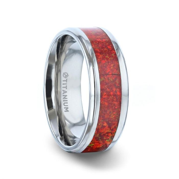 CASSIOPEIA Titanium Men 's Wedding Ring With Beveled Edges And Red Opal Inlay - 8mm Rings.