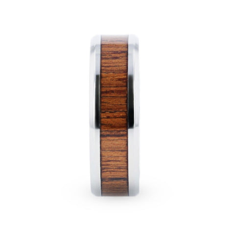 TECTON Teak Wood Inlaid Flat Polished Finish Titanium Men's Wedding Ring With Beveled Edges - 8mm Rings.