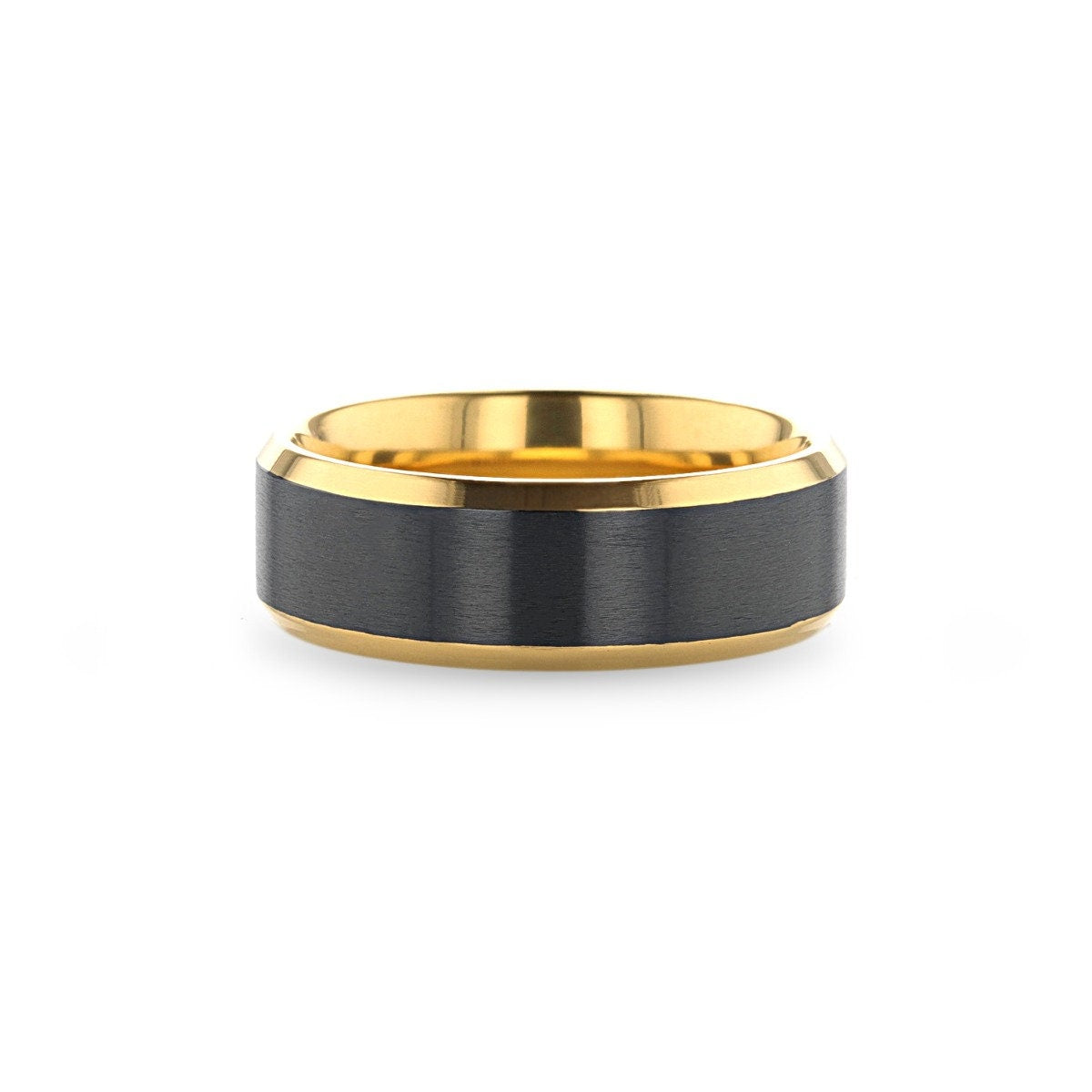 BEAUMONT Gold Plated Titanium Polished Beveled Ring with Brushed Black Center - 8mm Wedding Rings for Men, Promise Rings, Engagement Rings