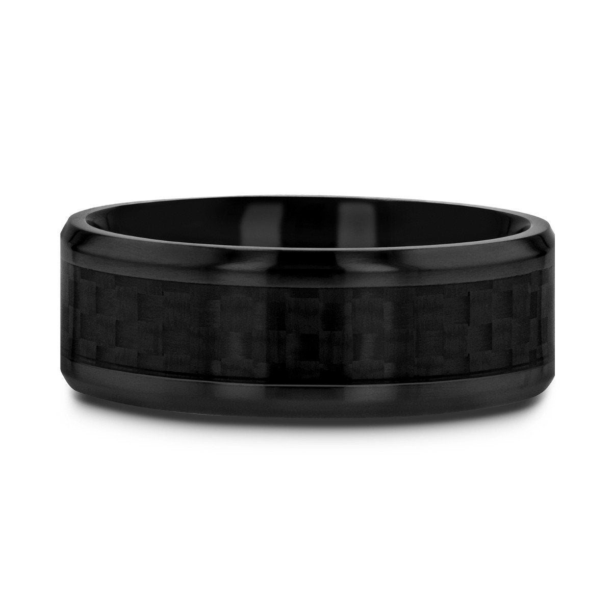 OXYN Black Titanium Polished Beveled Edges Black Carbon Fiber Inlaid Mens Wedding Band - 6mm & 8mm Wedding Rings for Men.