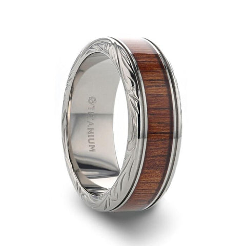 OHANA Koa Wood Inlaid Titanium Mens Wedding Ring with Intricate Edges - 6mm - 10mm Wedding Rings for Men, Promise Rings