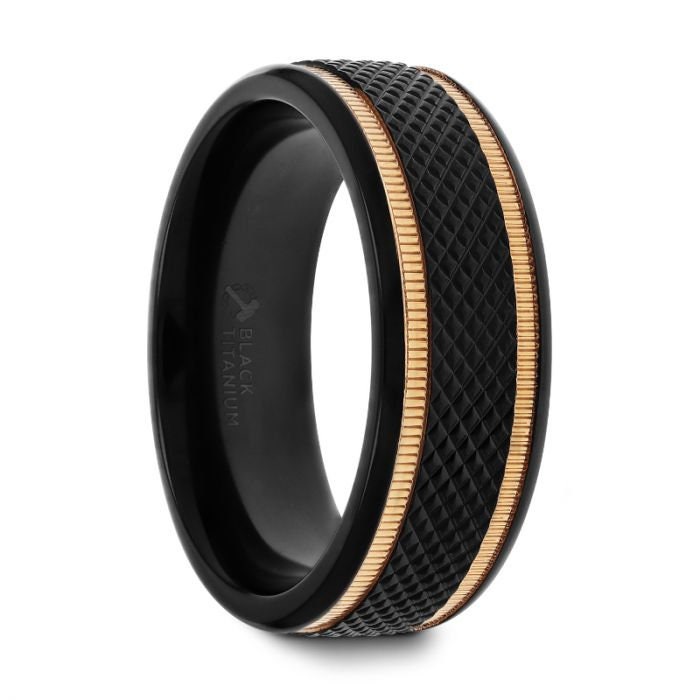 BAROQUE Black Titanium Diamond Pattern Brushed Finish Mens Wedding Ring with Gold Milgrain Grooves – 8mm Wedding Rings for Men.