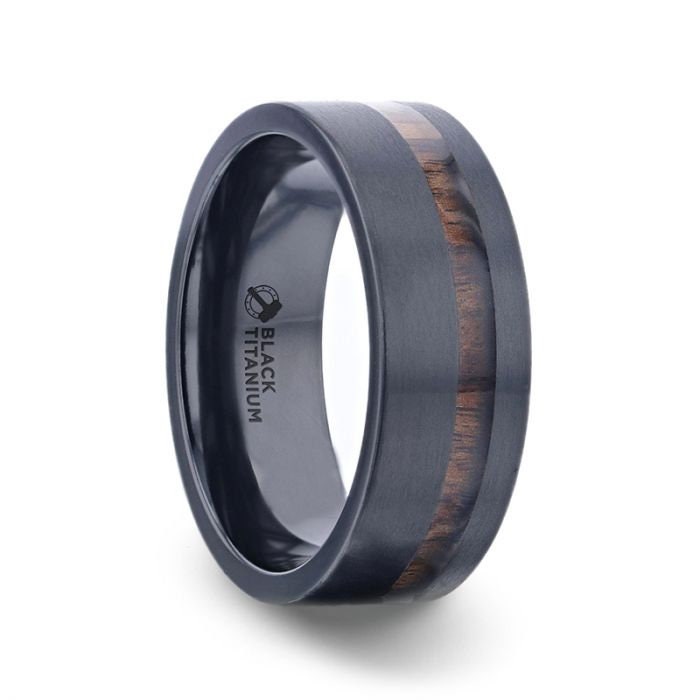 DARING Off-Set Koa Wood Inlaid Black Titanium Men's Wedding Band With Flat Polished Finish - 8mm Wedding Rings for Men.