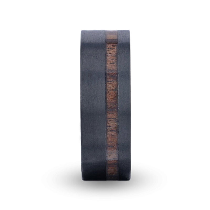 DARING Off-Set Koa Wood Inlaid Black Titanium Men's Wedding Band With Flat Polished Finish - 8mm Wedding Rings for Men.