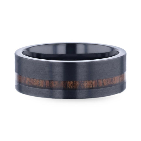 DARING Off-Set Koa Wood Inlaid Black Titanium Men's Wedding Band With Flat Polished Finish - 8mm Wedding Rings for Men.