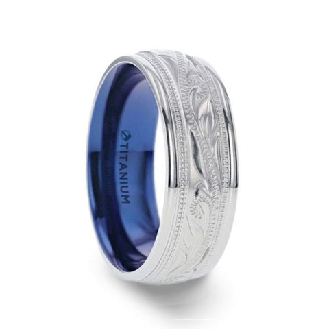 MARINER Titanium Milgrain Engraved Finish Men 's Wedding Ring with Blue Plating Inside- 8mm Wedding Rings for Men, Promise Rings