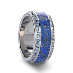 HYDRA Lapis Lazuli Inlaid Titanium Wedding Ring Polished Beveled Edges Set with Round Blue Diamonds - 10mm Rings.