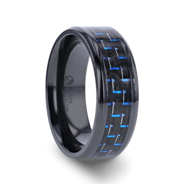 ZAYDEN Black Titanium Ring with Blue & Black Carbon Fiber Inlay and Bevels - 8mm Rings, Wedding and Engagement Rings.