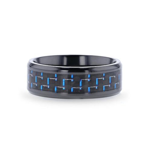 ZAYDEN Black Titanium Ring with Blue & Black Carbon Fiber Inlay and Bevels - 8mm Rings, Wedding and Engagement Rings.