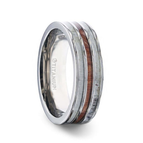 TRIPOLI Wood Inlaid Titanium Flat Polished Finish Men's Wedding Ring With White Double Deer Antler Edges - 8mm Rings, Wedding Rings.