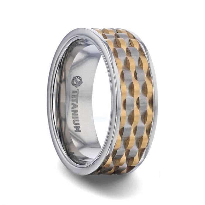 MONTROSE Wavy Gold And Gunmetal Texture Pattern Inlaid Titanium Men's Wedding Band With Flat Polished Profile - 8mm Rings, Wedding Rings.