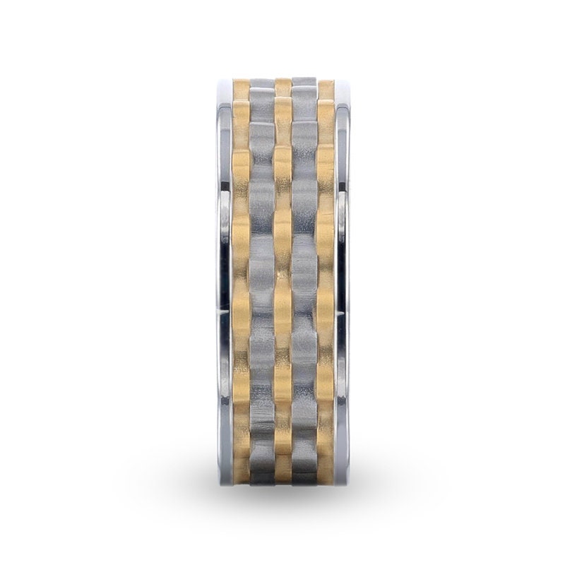 MONTROSE Wavy Gold And Gunmetal Texture Pattern Inlaid Titanium Men's Wedding Band With Flat Polished Profile - 8mm Rings, Wedding Rings.