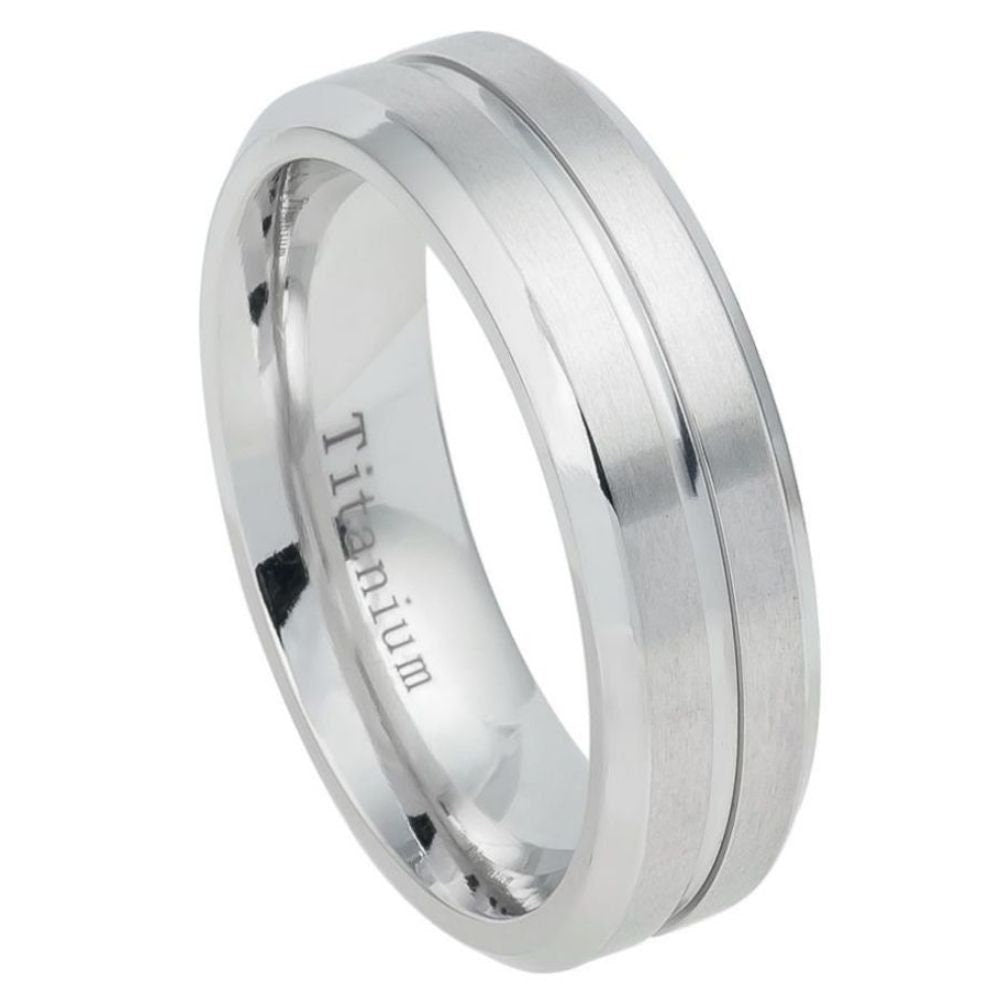 White IP Plated Titanium Ring Domed Brushed Center Stepped Edge - 7mm, Wedding and Engagement Titanium Rings, Promise Rings