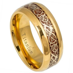 Yellow Gold IP Plated Titanium Ring with Yellow Gold IP Celtic Design Over Rosewood Inlay - 9mm Rings, Wedding and Engagement Titanium Rings
