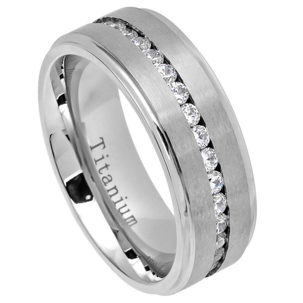 White IP Plated Titanium Ring Brushed Center Shiny Stepped Edge with Eternity Style CZs - 8mm Rings, Wedding and Engagement Titanium Rings