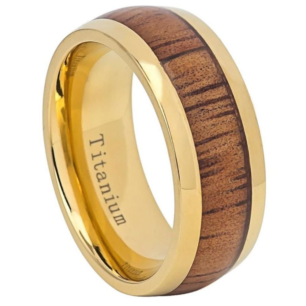 Yellow Gold IP Domed Titanium Ring with Hawaiian Koa Inlay - 9mm Rings, Wedding and Engagement Titanium Rings