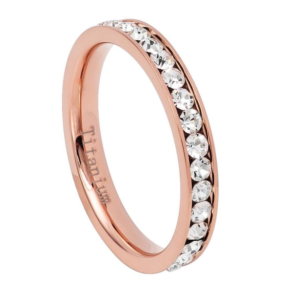 Rose Gold Titanium IP Plated Eternity Ring with White CZs - 3mm Rings, Wedding and Engagement Titanium Rings