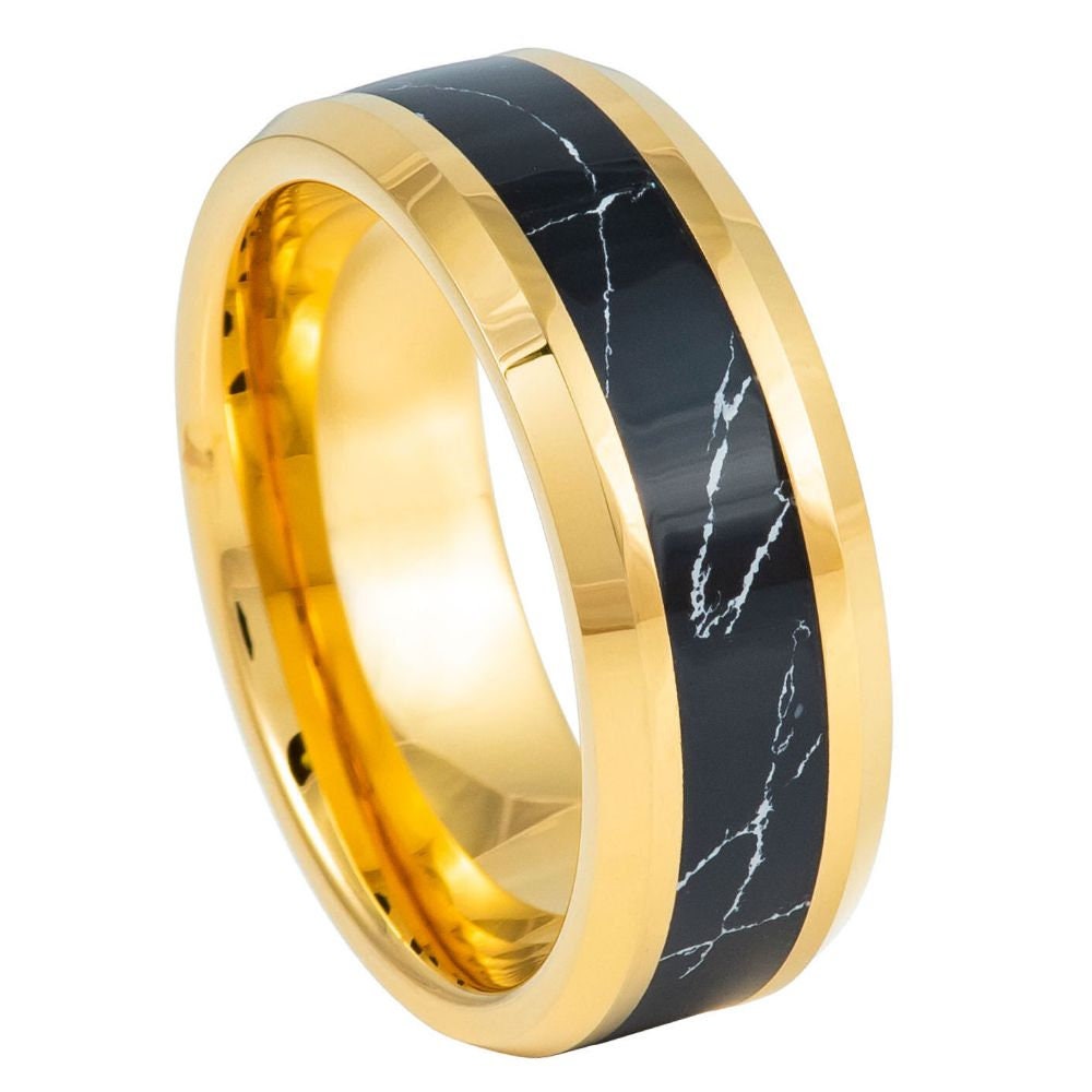 Men's Yellow Gold Ip With Synthetic Black Turquoise Beveled Edge- 8mm Tungsten Ring