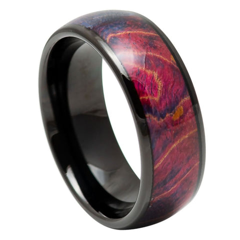 Men's Domed Black Ip Tungsten Ring With Stablilized Burl Wood Inlay Tungsten- 8mm Tungsten Ring