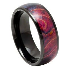 Men's Domed Black Ip Tungsten Ring With Stablilized Burl Wood Inlay Tungsten- 8mm Tungsten Ring