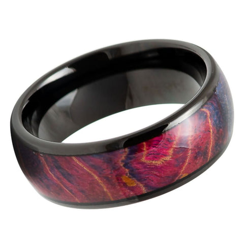 Men's Domed Black Ip Tungsten Ring With Stablilized Burl Wood Inlay Tungsten- 8mm Tungsten Ring