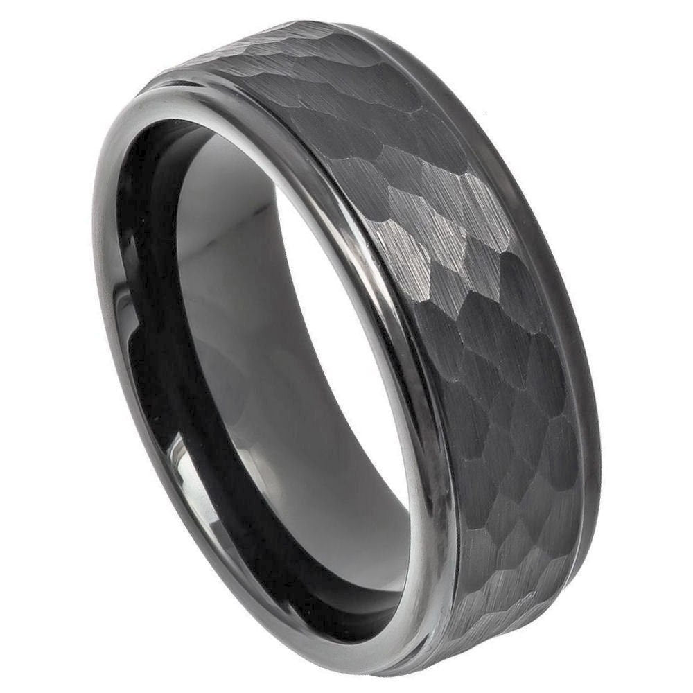 Men's Gun Metal Ip Plated Hammered Center With Stepped Edge- 8mm Tungsten Ring