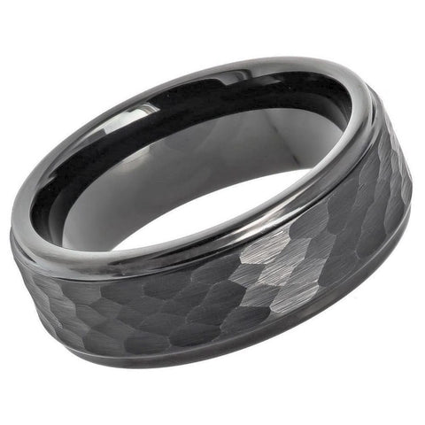 Men's Gun Metal Ip Plated Hammered Center With Stepped Edge- 8mm Tungsten Ring