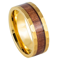 Men's Yellow Gold Band Ip Plated Hammered With Hawaiian Koa Wood Inlay- 8mm Tungsten Ring