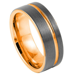 Men's Gun Metal Ip Plated With Off Center Rose Gold Plated Groove- 6mm & 8mm Tungsten Ring